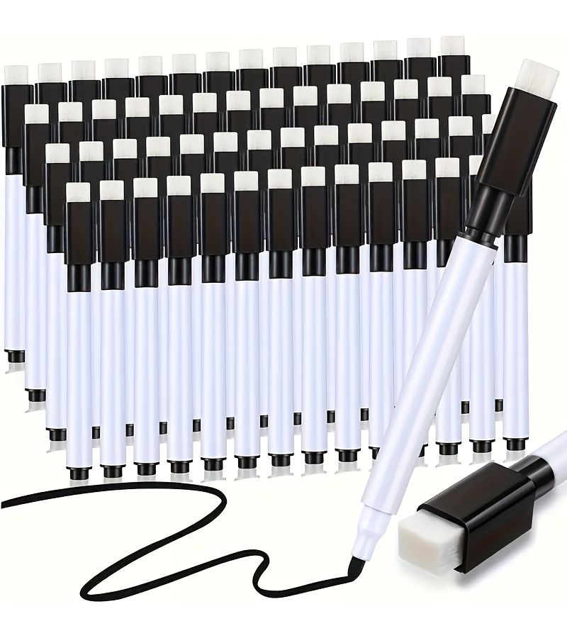 Set of 18 Black Fine Point Whiteboard Markers with Eraser Tips Washable - Image 1