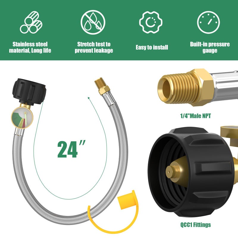 GardenNow 2 PCS RV Propane Hoses with Gauge, 24 Inch Stainless Steel Braided Camper Tank Hose, Rv lp Gas Hoses Connector for Standard Two-Stage Regulator, 40Lb 250PSI, 1/4" NPT /QCC1 Fittings - Image 2