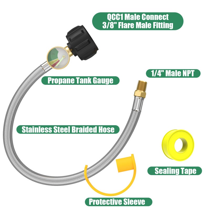GardenNow 2 PCS RV Propane Hoses with Gauge, 24 Inch Stainless Steel Braided Camper Tank Hose, Rv lp Gas Hoses Connector for Standard Two-Stage Regulator, 40Lb 250PSI, 1/4" NPT /QCC1 Fittings - Image 3
