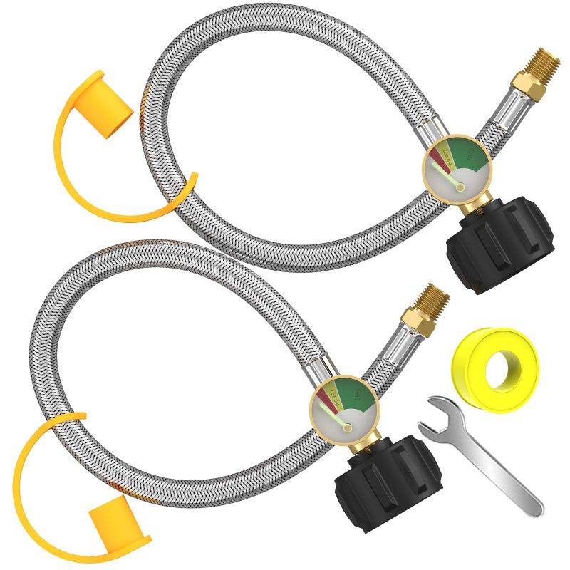 GardenNow 2 PCS RV Propane Hoses with Gauge, 24 Inch Stainless Steel Braided Camper Tank Hose, Rv lp Gas Hoses Connector for Standard Two-Stage Regulator, 40Lb 250PSI, 1/4" NPT /QCC1 Fittings - Image 1