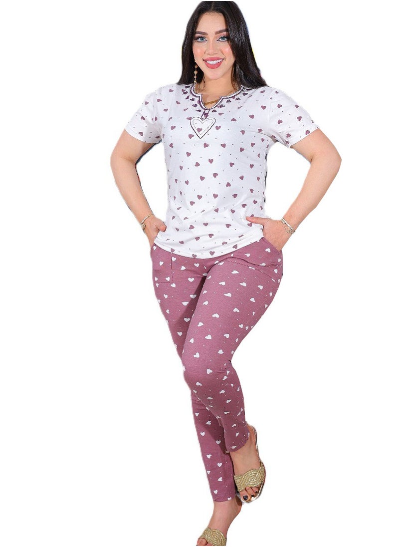 Star Tex - Womens Pajama Set - Pajamas for Women Summer - 2 Piece Pants and T-Shirt Embroidery Set - Different Graphic Patterns and Specially Designed for Comfort and Cooling in Sleep - Image 1