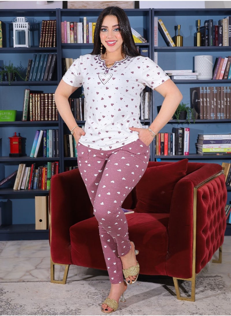Star Tex - Womens Pajama Set - Pajamas for Women Summer - 2 Piece Pants and T-Shirt Embroidery Set - Different Graphic Patterns and Specially Designed for Comfort and Cooling in Sleep - Image 1