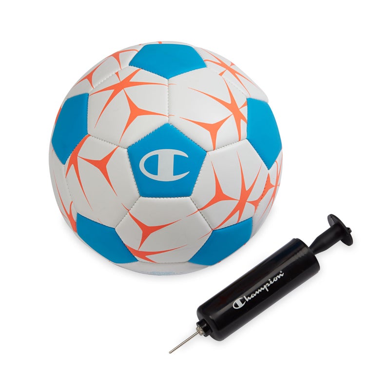 Champion Prodigy Soccer Ball (Size 3, White/Fierce Tide/Very Coral) â€“ Matte Finish, 32-Panel Design, Enhanced Control, PVC Cover & Butyl Bladder, for Indoor & Outdoor Training, Includes 6" Pump - Image 1