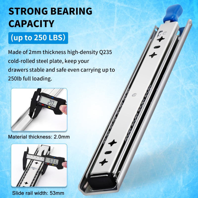 YENUO Heavy Duty Locking Drawer Slides Full Extension Runners with Lock 12 14 16 18 20 22 24 26 28 30 32 34 36 38 40 Inch Side Mount Ball Bearing Rails Track Glides 250 Lbs 1 Pair(W:53mm, 12 Inch) - Image 3