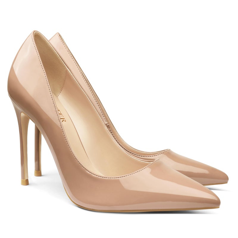 COLETER Women's 4 Inch Pumps Pointy Toe Wedding Dress Shoes Slip on Stiletto Pumps Patent Nude 8US - Image 1