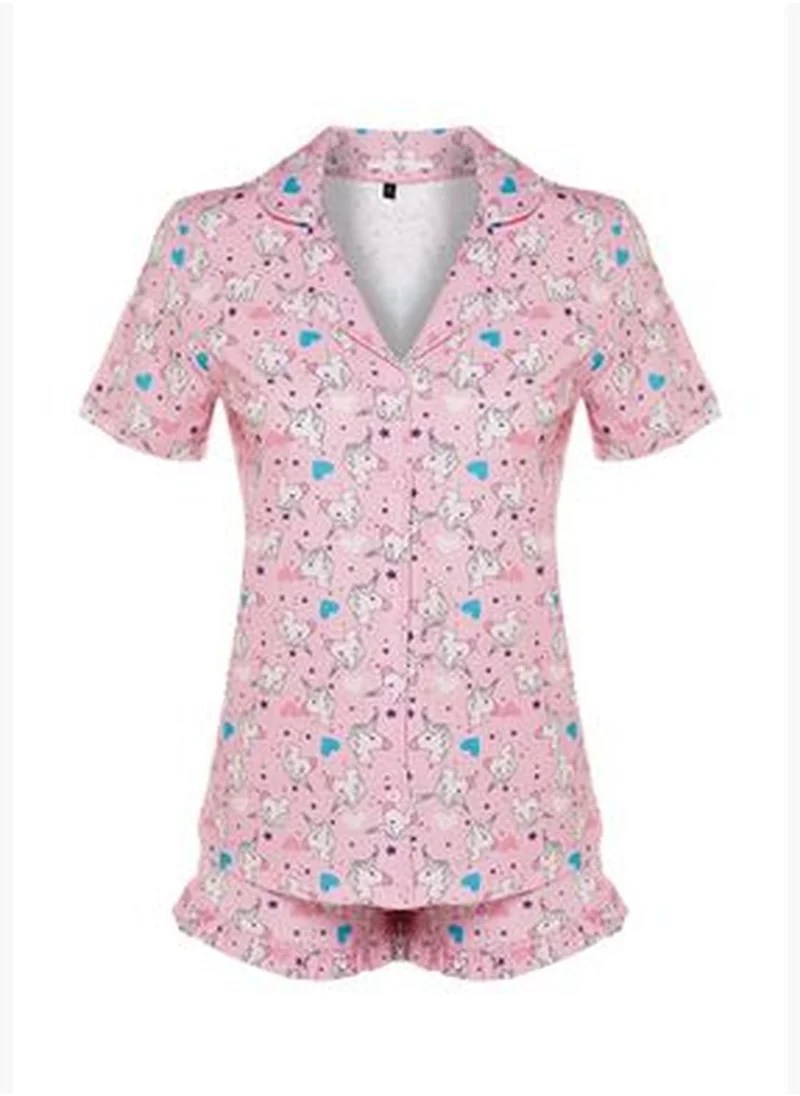 trendyol Pink 100% Cotton Shirt-Shorts Knitted Pajama Set THMSS22PT0483