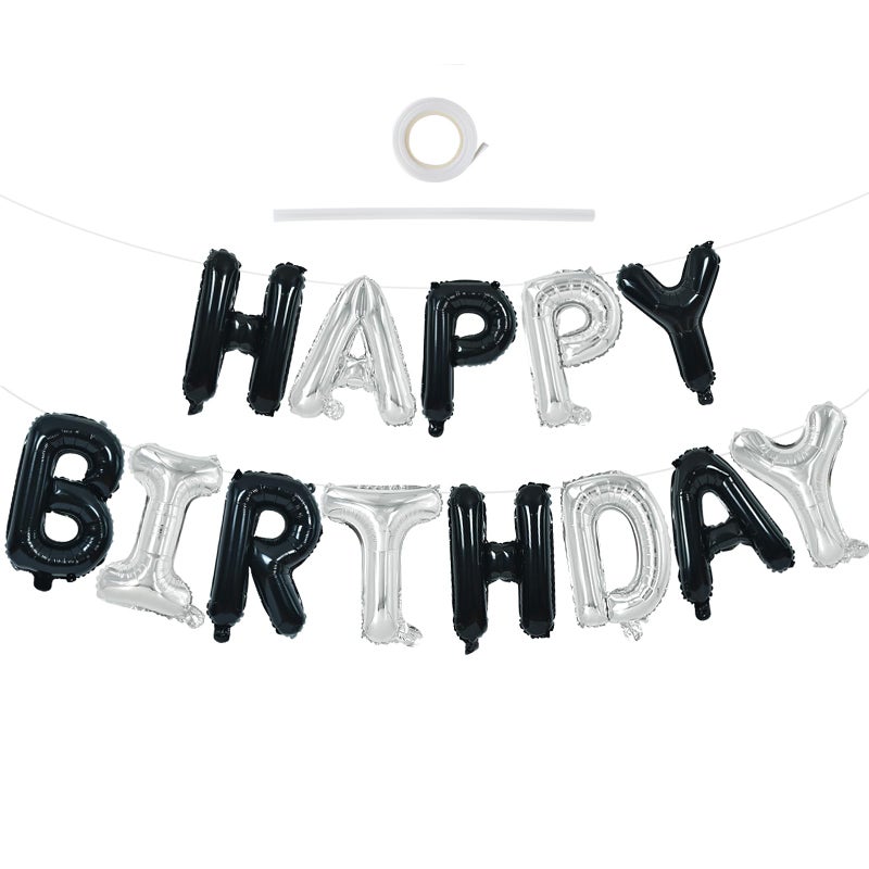 TONIFUL Happy Birthday Balloons Banner With Ribbon Straw - 16 Inch Mylar Letters Sign Balloon Bunting Reusable for Girls Boys Kids & Adults Halloween Supplies (Black Silver) - Image 1