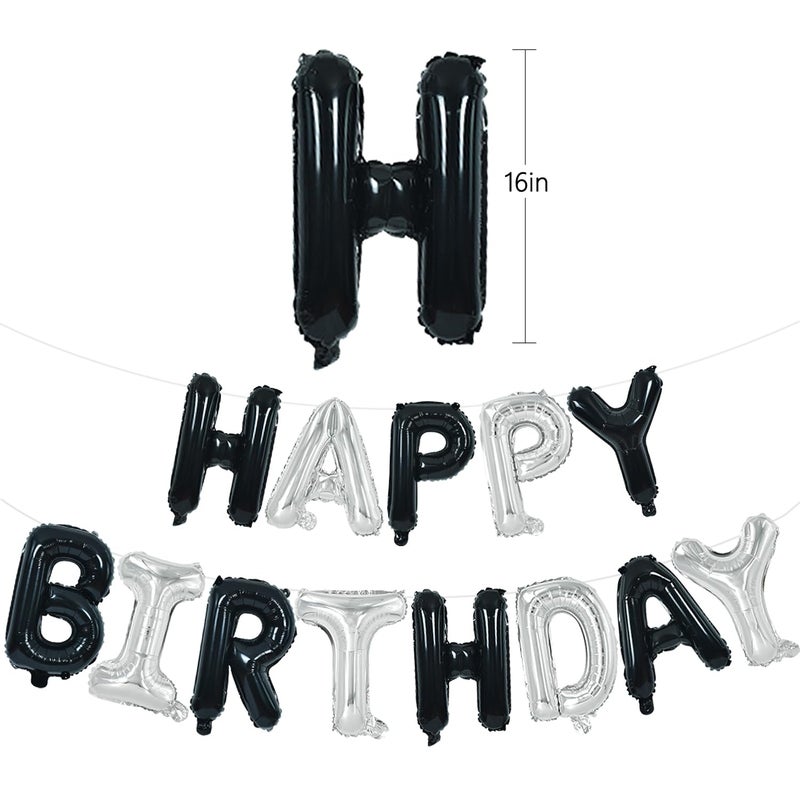 TONIFUL Happy Birthday Balloons Banner With Ribbon Straw - 16 Inch Mylar Letters Sign Balloon Bunting Reusable for Girls Boys Kids & Adults Halloween Supplies (Black Silver) - Image 2