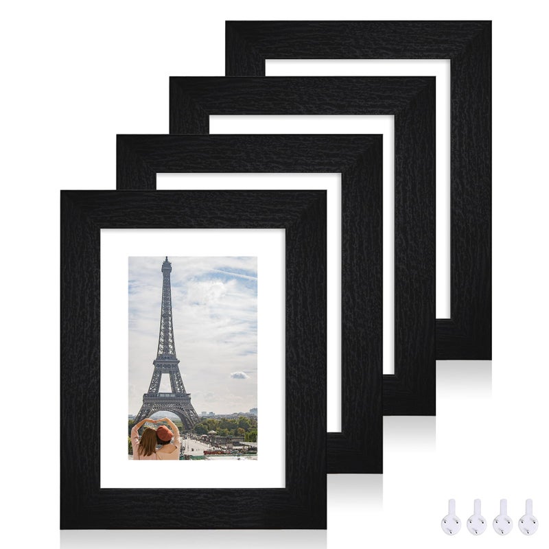 مجموعة إطارات صور هونكي 5x7 من 4 قطع مصنوعة من الزجاج الحقيقي وإطار خشبي أسود ريفي 5x7 صورة للعرض على الحائط أو الطاولة 4x6 مع مات أو 5x7 بدون مات