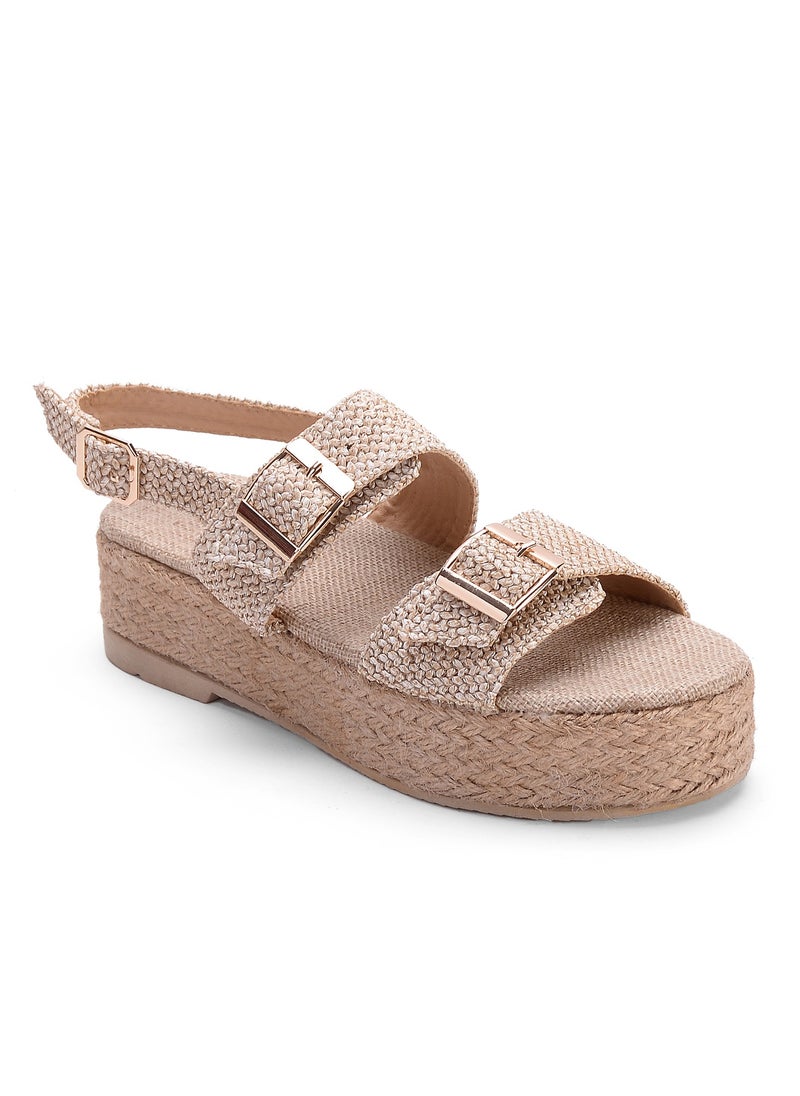 LIFESTYLISH Sandal Flat Burlap With Buckle Elegant K-18 - Beige  - Image 1