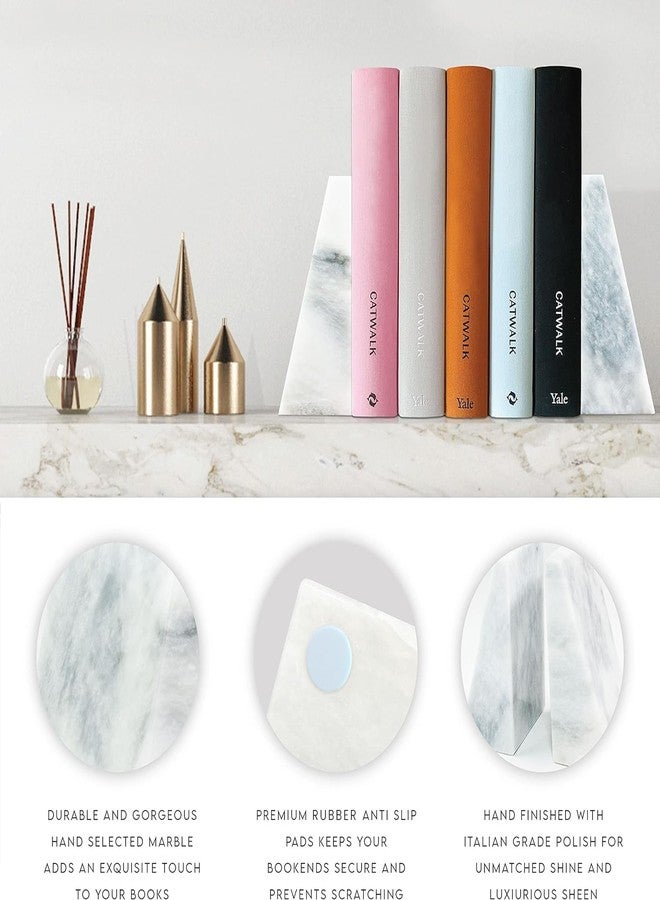 Ottimo Polished Heavy Stone Marble 6" Book Ends for Bookshelf Decor, Home, Office or Kitchen Shelves. Heavy, Triangular, and Decorative Book Stopper with Anti-Slip Pads, Great Gift Idea (White) - Image 4