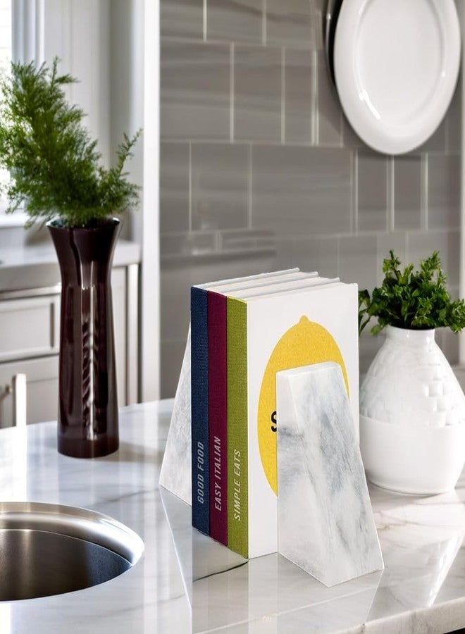 Ottimo Polished Heavy Stone Marble 6" Book Ends for Bookshelf Decor, Home, Office or Kitchen Shelves. Heavy, Triangular, and Decorative Book Stopper with Anti-Slip Pads, Great Gift Idea (White) - Image 5