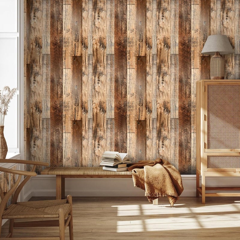 TANONE Wood Contact Paper Kitchen Peel and Stick Wallpaper, Self Adhesive Removable Wallpaper Countertops Waterproof, Shiplap Wall Paper Wood Vinyl Wrap for Cabinets Rustic Brown 17.5" x 511" - Image 2