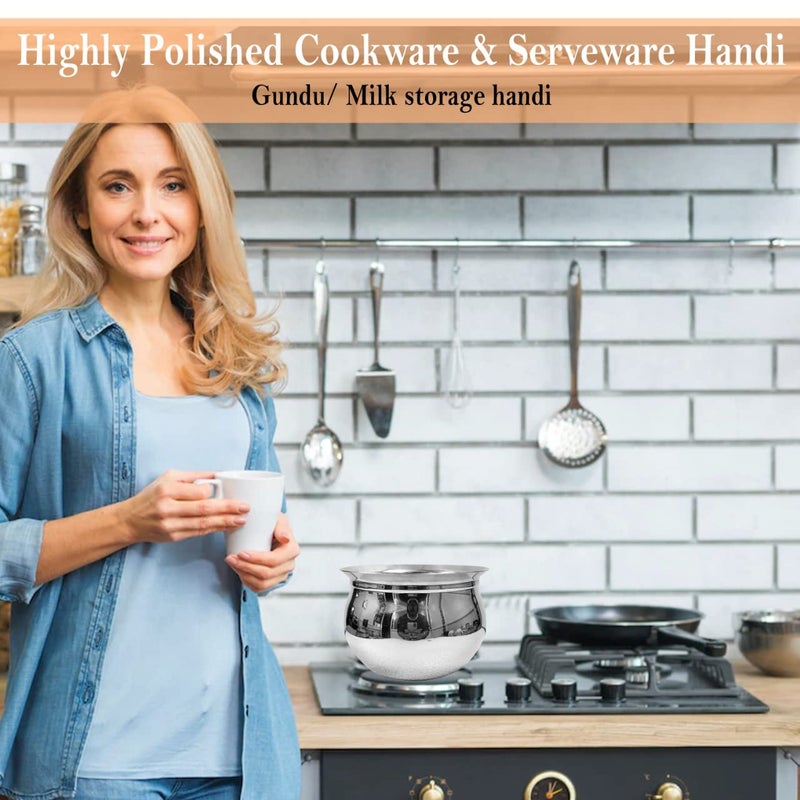 NEXT Future - 1000ml, 20G Tomato/Gundu Stainless Steel Utensil/Handi/Bartan, Highly Polished Cookware & Serveware Handi Set for Kitchen with lid & knob (1000ml) - Image 2