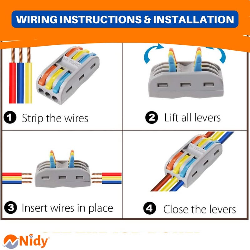 Nidy 5Pcs Compact Lever Wire Nut Connector 3 in 3 Out Splicing Wire Connector Universal Quick Wiring Cable Connection Pushin Conductor Terminal Block Reusable CE RoHS Certified 2812 AWG - Image 5