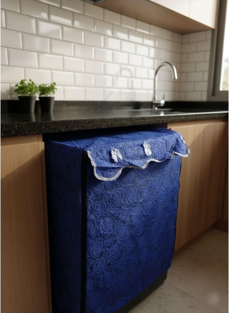 Generic Front Load Washing Machine Cover, Blue Rose Quilted Fabric .ms | Decorative Bow Detail, Dust Protection, Scalloped Edge, Fits Front Loaders, Rose Texture Pattern - Image 1