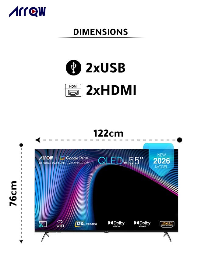 آركيو تلفزيون جوجل 55 بوصة، QLED 4K،DLG 120 هرتز، ذاكرة وصول عشوائي - 2 جيجابايت، سعة تخزين 16 جيجابايت، Dolby Vision & ATMOS، دقة 3840*2160 مع تطبيق مثبت مسبقًا (NETFLIX، Prime Video، YouTube) - Image 4