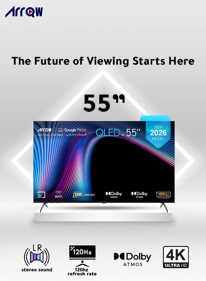آركيو تلفزيون جوجل 55 بوصة، QLED 4K،DLG 120 هرتز، ذاكرة وصول عشوائي - 2 جيجابايت، سعة تخزين 16 جيجابايت، Dolby Vision & ATMOS، دقة 3840*2160 مع تطبيق مثبت مسبقًا (NETFLIX، Prime Video، YouTube) - Image 1