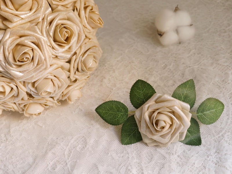 J-Rijzen J-Rijzen Artificial Flowers 50PCS Real Looking Champagne Gold Roses Fake Roses with Stem for DIY Wedding Bouquets Centerpieces Party Baby Shower Home Decorations - Image 5