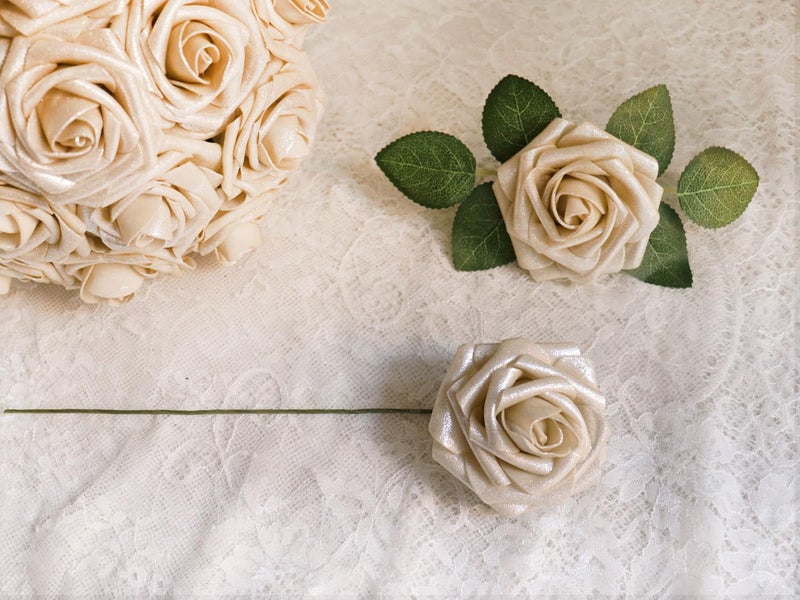 J-Rijzen J-Rijzen Artificial Flowers 50PCS Real Looking Champagne Gold Roses Fake Roses with Stem for DIY Wedding Bouquets Centerpieces Party Baby Shower Home Decorations - Image 4