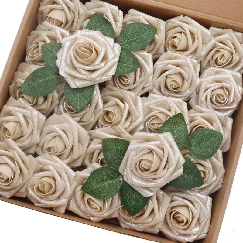 J-Rijzen J-Rijzen Artificial Flowers 50PCS Real Looking Champagne Gold Roses Fake Roses with Stem for DIY Wedding Bouquets Centerpieces Party Baby Shower Home Decorations - Image 1