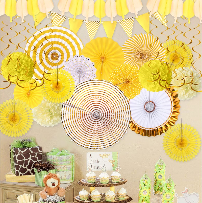 Moon Boat 35PCS Party Decorations Paper Fan Hanging Set - Birthday,Baby Shower,Lemon,Sunflower Theme Decor (Yellow) - Image 2