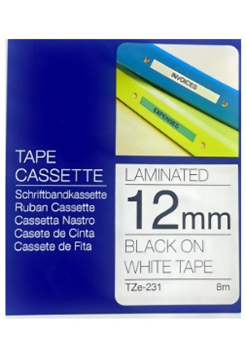 Compatible Laminated Label Tape Cassette – 12mm Black on White – Durable Adhesive Tape for Label Printers - Image 1