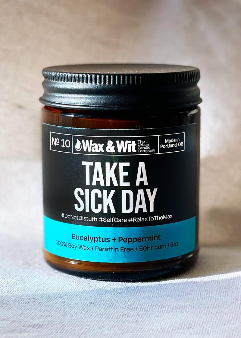 WAX & WIT Funny Candles - Scented Soy Candle Infused with Eucalyptus + Peppermint - Great Gifts for Mom, Mother’s Day Gift, Housewarming Gift - (1) 9oz Glass Candle (Take a Sick Day) - Image 4