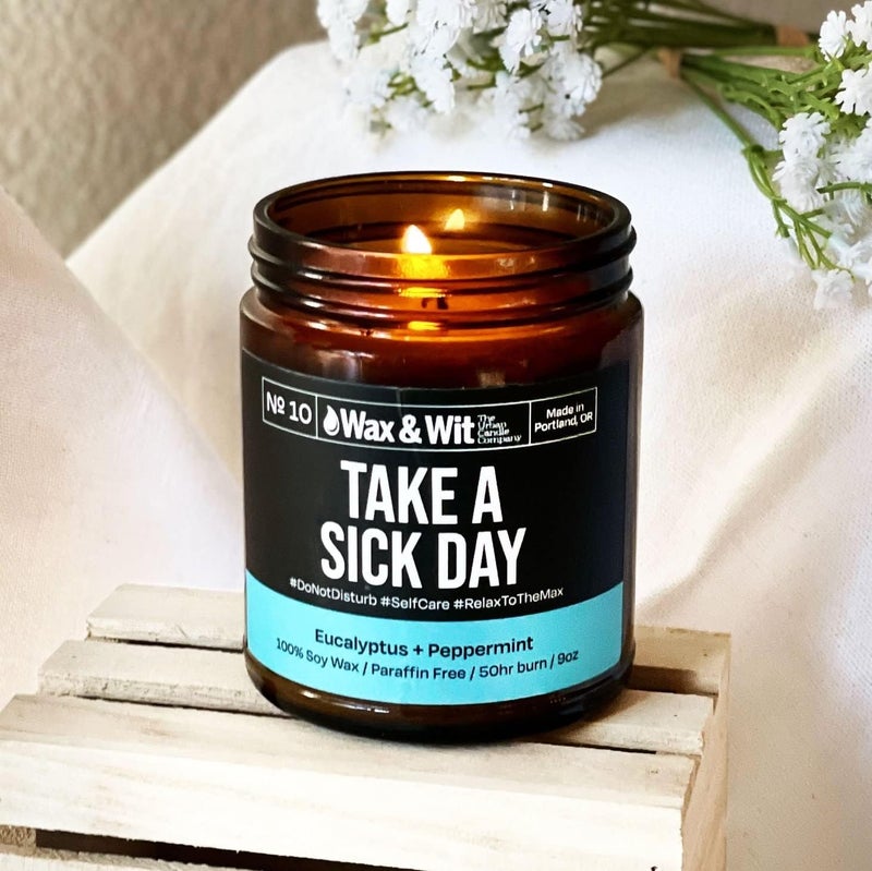WAX & WIT Funny Candles - Scented Soy Candle Infused with Eucalyptus + Peppermint - Great Gifts for Mom, Mother’s Day Gift, Housewarming Gift - (1) 9oz Glass Candle (Take a Sick Day) - Image 2