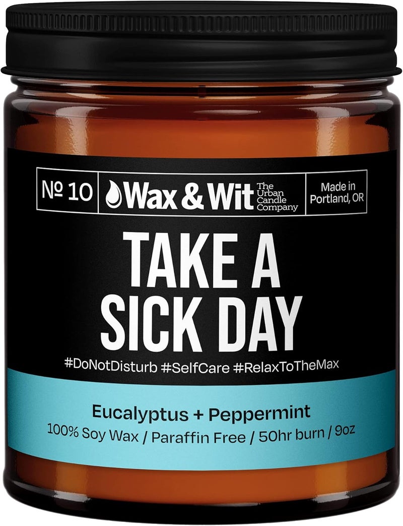 WAX & WIT Funny Candles - Scented Soy Candle Infused with Eucalyptus + Peppermint - Great Gifts for Mom, Mother’s Day Gift, Housewarming Gift - (1) 9oz Glass Candle (Take a Sick Day) - Image 5