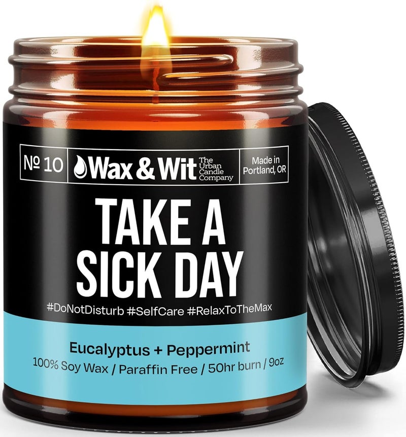 WAX & WIT Funny Candles - Scented Soy Candle Infused with Eucalyptus + Peppermint - Great Gifts for Mom, Mother’s Day Gift, Housewarming Gift - (1) 9oz Glass Candle (Take a Sick Day) - Image 1