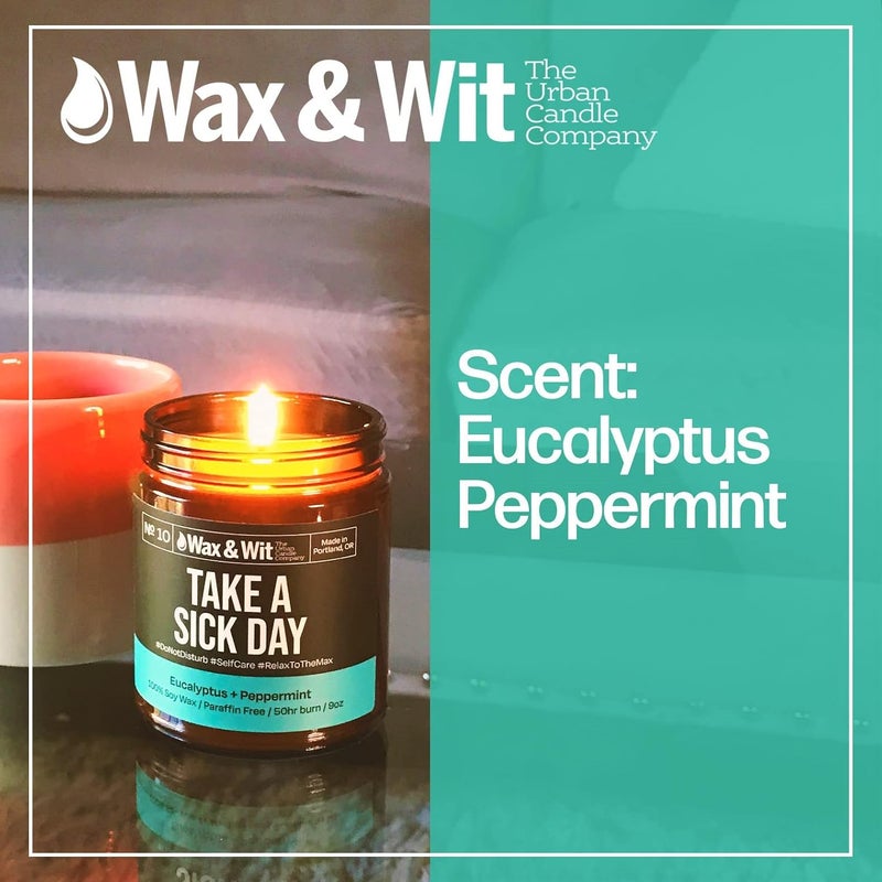 WAX & WIT Funny Candles - Scented Soy Candle Infused with Eucalyptus + Peppermint - Great Gifts for Mom, Mother’s Day Gift, Housewarming Gift - (1) 9oz Glass Candle (Take a Sick Day) - Image 3