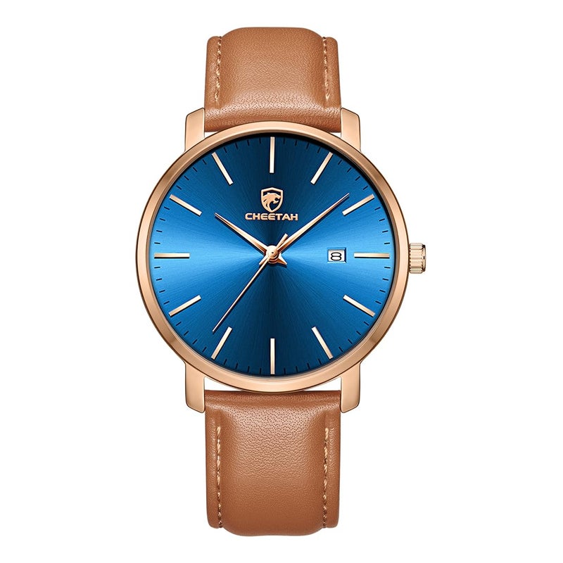 CHEETAH Minimalist Waterproof Quartz Watches for Men with Leather Strap in Brown Auto Date Rose GoldTone Case - Image 2