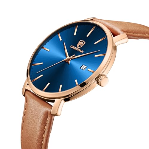 CHEETAH Minimalist Waterproof Quartz Watches for Men with Leather Strap in Brown Auto Date Rose GoldTone Case - Image 3