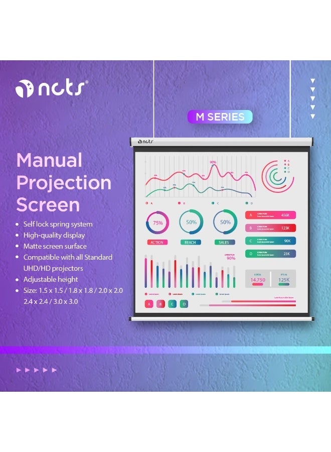 إن سي تي إس شاشة عرض يدوية من سلسلة NCTS M200 – شاشة عرض بيضاء غير لامعة بحجم 2.0 × 2.0 متر – لأجهزة العرض UHD/HD – مزودة بنظام زنبرك ذاتي القفل – مثالية للسينما المنزلية، الفصول الدراسية والمكاتب – ضمان لمدة سنة واحدة – رقم GTIN: 6295151550625. - Image 2