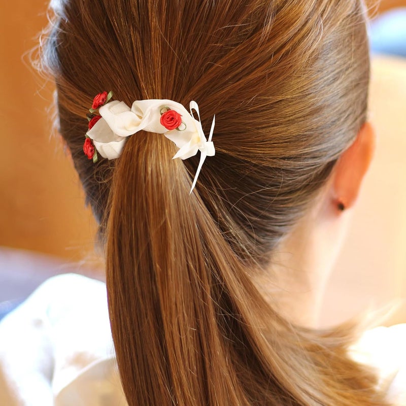 Tofficu 6 Pcs Retro Floral Hair Scrunchies White Fabric Elastic Hair Ties for Women Soft Stretchy for Daily Styling and Ponytails - Image 4