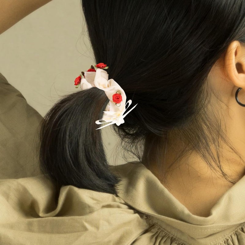 Tofficu 6 Pcs Retro Floral Hair Scrunchies White Fabric Elastic Hair Ties for Women Soft Stretchy for Daily Styling and Ponytails - Image 5