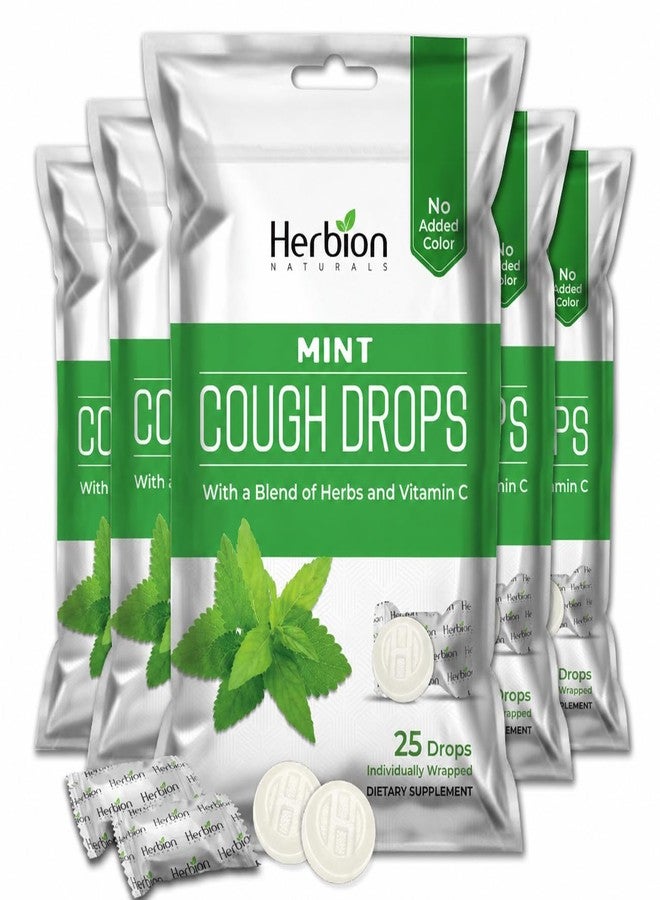 HERBION Naturals Mint Cough Drops with Vitamin C & Herbal Blend | Soothes Cough, Dry Throat & Hoarseness | Menthol Herbal Lozenges | Individually Wrapped | No Artificial Colors | 25 Drops Pack of 5