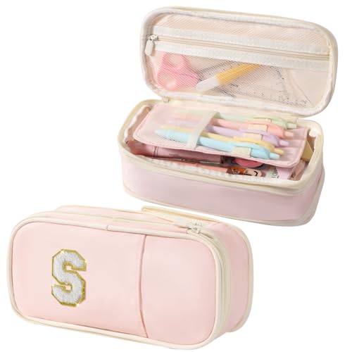 Janhavi Preppy Pencil Case for School Supplies, Large Initial Pencil Pouch with Zipper, Cute Pencil Bag for Office Supplies, Aesthetic Birthday Gift for Kids Teen Girls Adults - Pink S(Chenille) - Image 1