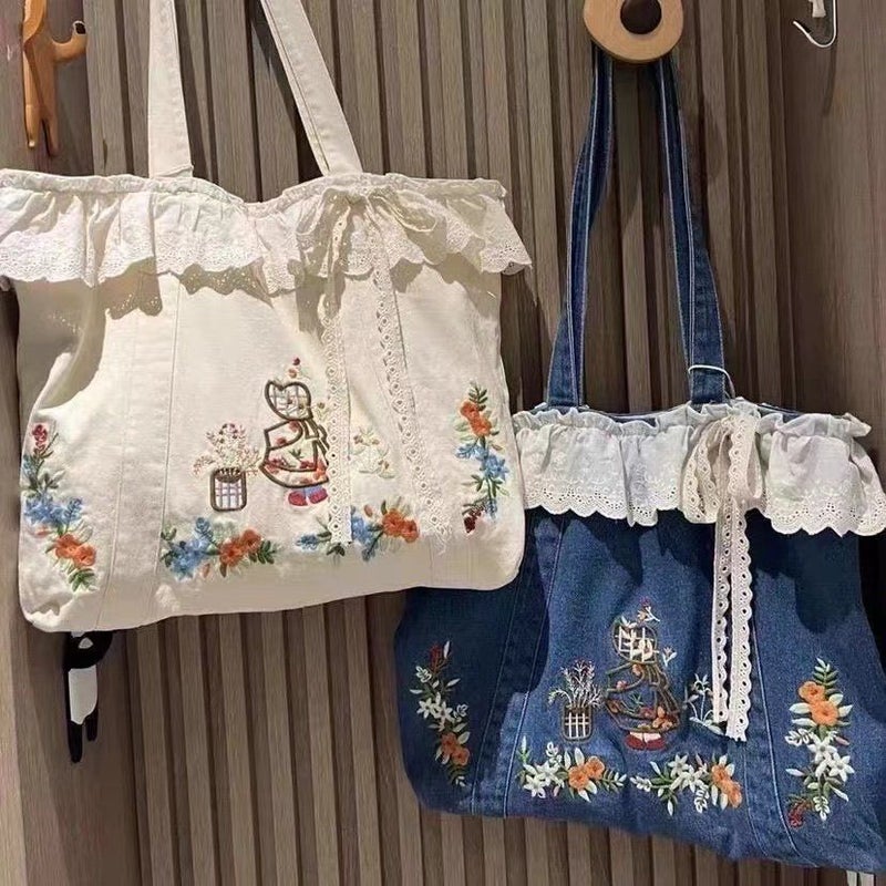 Vintage Denim Shoulder Bag with Lace and Embroidery - Image 1