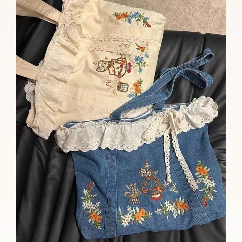 Vintage Denim Shoulder Bag with Lace and Embroidery - Image 4