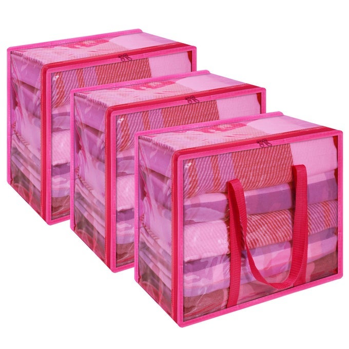 PINK 40L CLEAR CLOTHES STORAGE BAG WITH ZIPPER 3 PACK COLORFUL CLOTHES ORGANIZER VINYL STORAGE BAG FOR COMFORTER BLANKET BEDDING DUVET TRANSPARENT MOVING TOTES