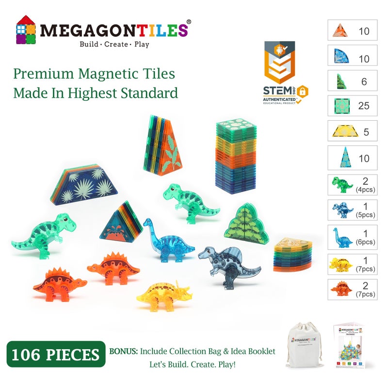 MEGAGONTILES Dinosaur Magnetic Tiles Set 106PCS | STEM-Authenticated Magnet Building Blocks with Dinosaur Animals | Educational Construction Toy for Toddlers & Kids Ages 3â€“8 (Boys & Girls) - Image 2