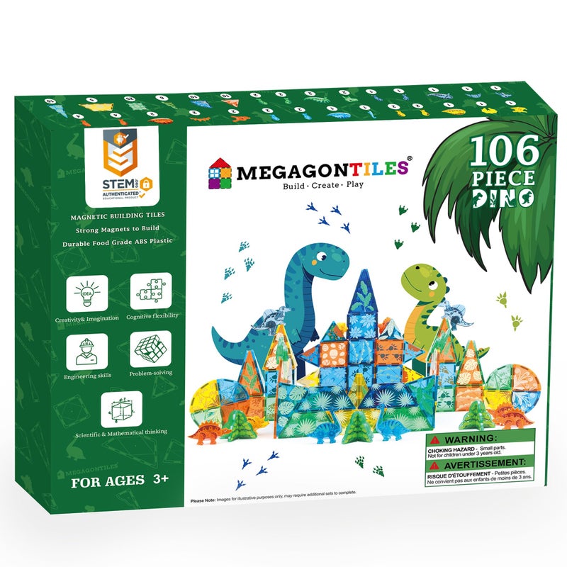 MEGAGONTILES Dinosaur Magnetic Tiles Set 106PCS | STEM-Authenticated Magnet Building Blocks with Dinosaur Animals | Educational Construction Toy for Toddlers & Kids Ages 3â€“8 (Boys & Girls) - Image 1