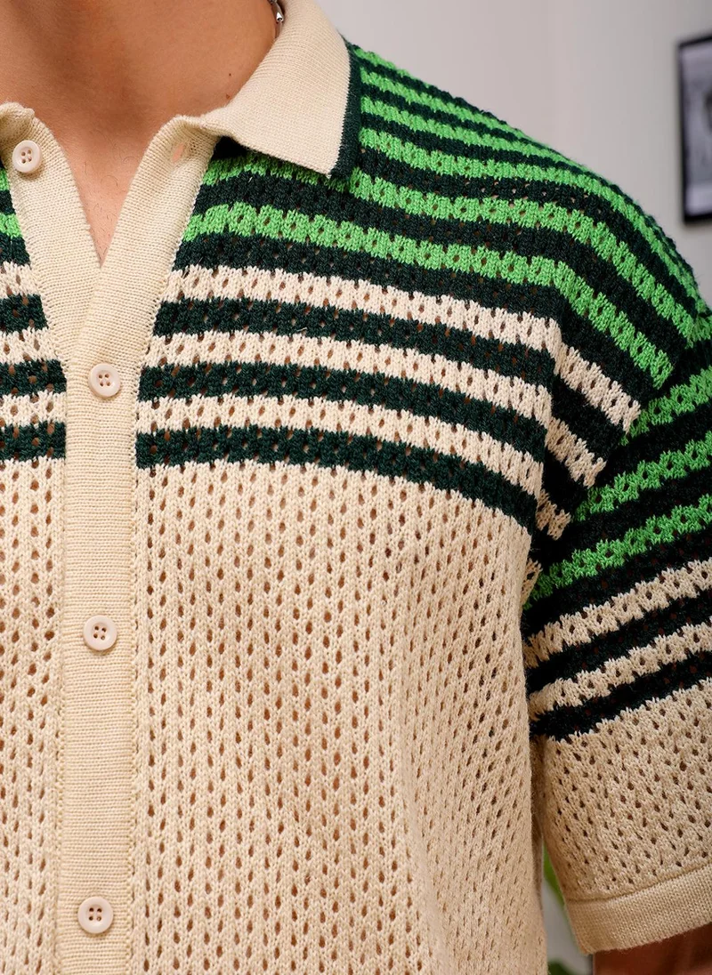 The Indian Garage Co Men Relaxed Fit Striped Half Sleeves Cuban collar Casual Shirt