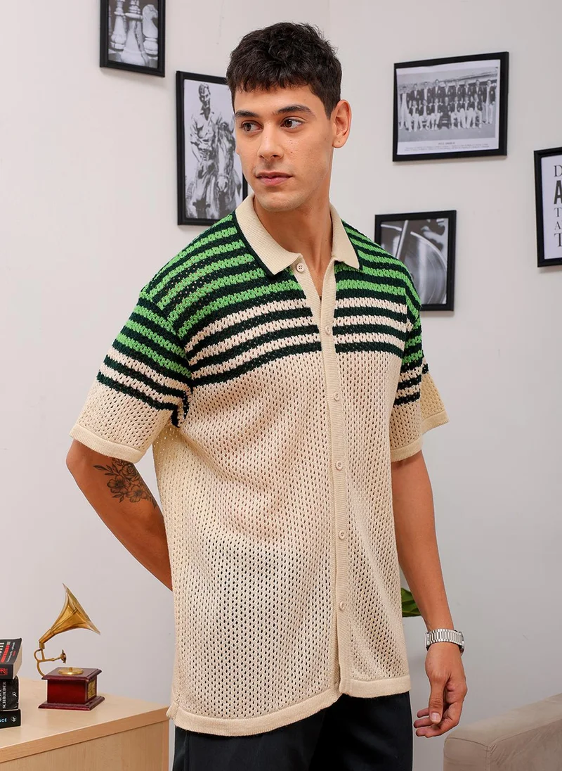 The Indian Garage Co Men Relaxed Fit Striped Half Sleeves Cuban collar Casual Shirt