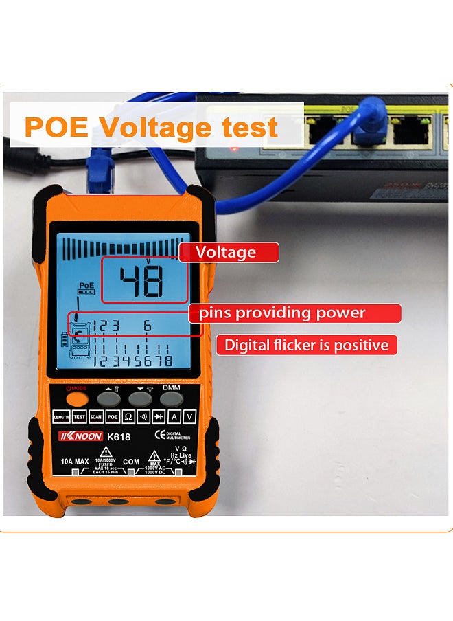KKnoon جهاز اختبار الكابلات المحمول K618 500M مع شاشة LCD، بحث رقمي تناظري، اختبار POE، معرف اقتران الكابل، حساسية الاقتران، طول كابل الشبكة القابل للتعديل، قياس الدائرة المفتوحة القصيرة، أجهزة التتبع  - Image 4