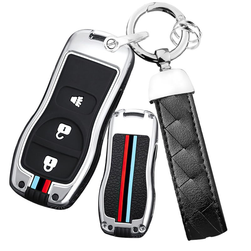 Ysbxitu 3 Buttons Metal Remote Key Fob Cover Fit for Nissan Keyless Smart Key Case with Keychain Fit for Nissan Xterra Titan Armada Frontier Quest Sentra Key Protection Cover Long Chain Silver - Image 2