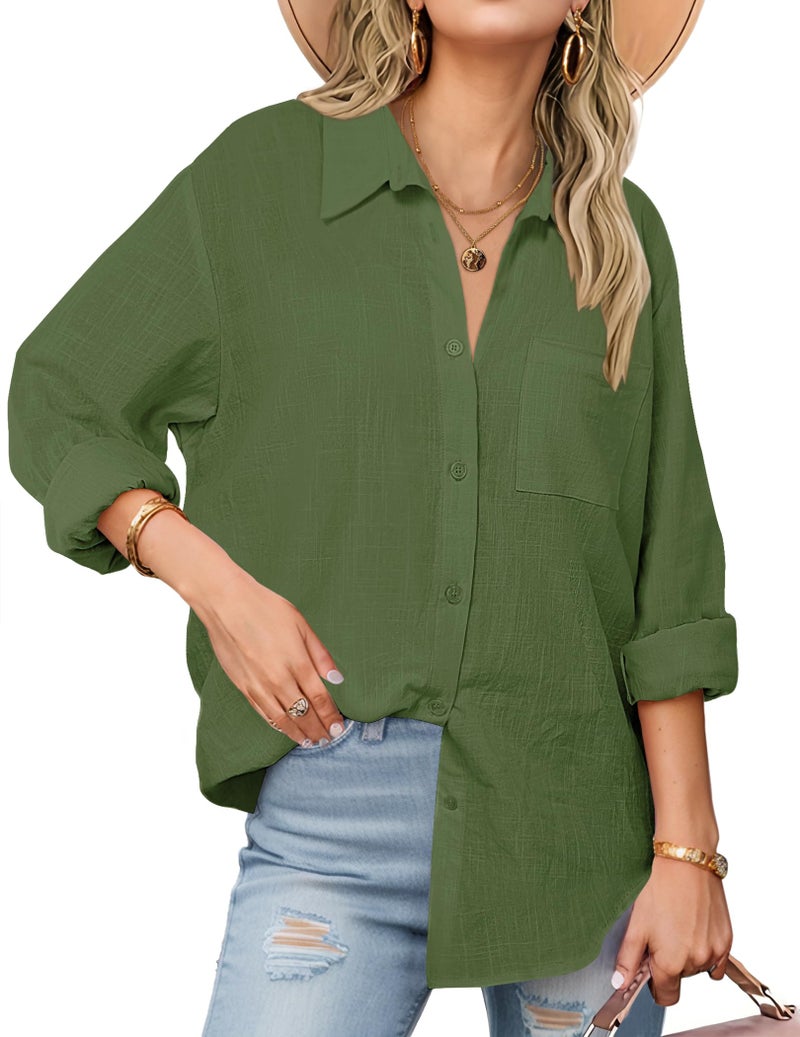 Zeagoo Womens Linen Blouse Olive Green Cotton Long Sleeve Button Down Tops Blusas De Lino Army Green - Image 1