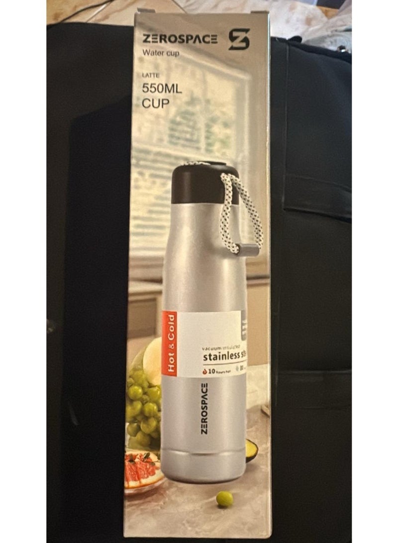 The ZeroSpace 550ml sports water bottle is made of stainless steel. Key product details include: Capacity: 550ml; Material: Food-grade stainless steel; Insulation: Vacuum-insulated to keep drinks hot or cold; Features: Double-walled design; Leak-proof and sweat-proof; BPA-free; Lightweight with a secure, leak-proof lid; Uses: Suitable for the office, gym, school, travel, and outdoor activities; Washing instructions: Hand washing is recommended.